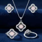Elegant Silver Plated Clover Jewelry Set with Pink Stone (Ring, Pendant Necklace and Earrings)