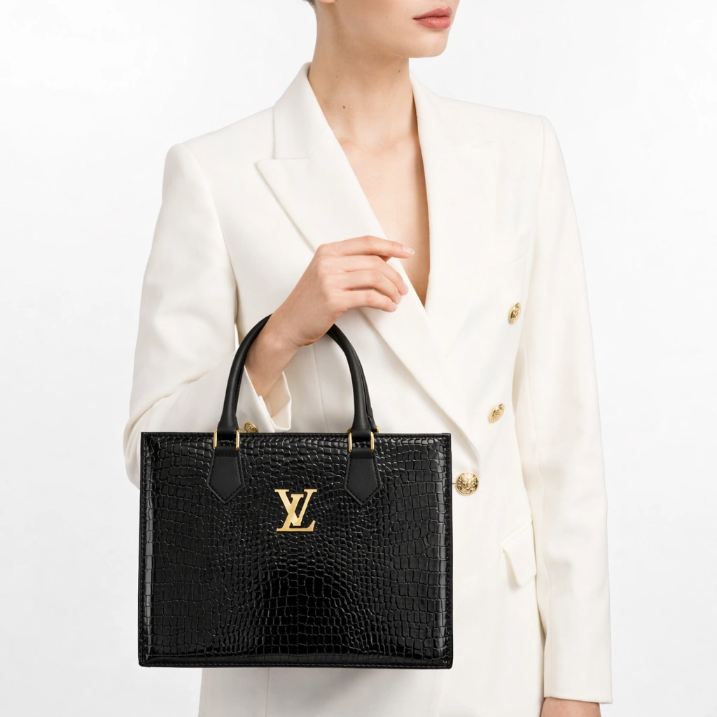Luxury Croc Texture Women’s Tote Bag – Midnight Black Edition