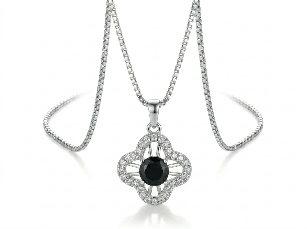 Luxury Silver Plated Clover Jewelry Set with Black Stone (Ring, Pendant Necklace and Earrings)