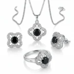 Luxury Silver Plated Clover Jewelry Set with Black Stone (Ring, Pendant Necklace and Earrings)