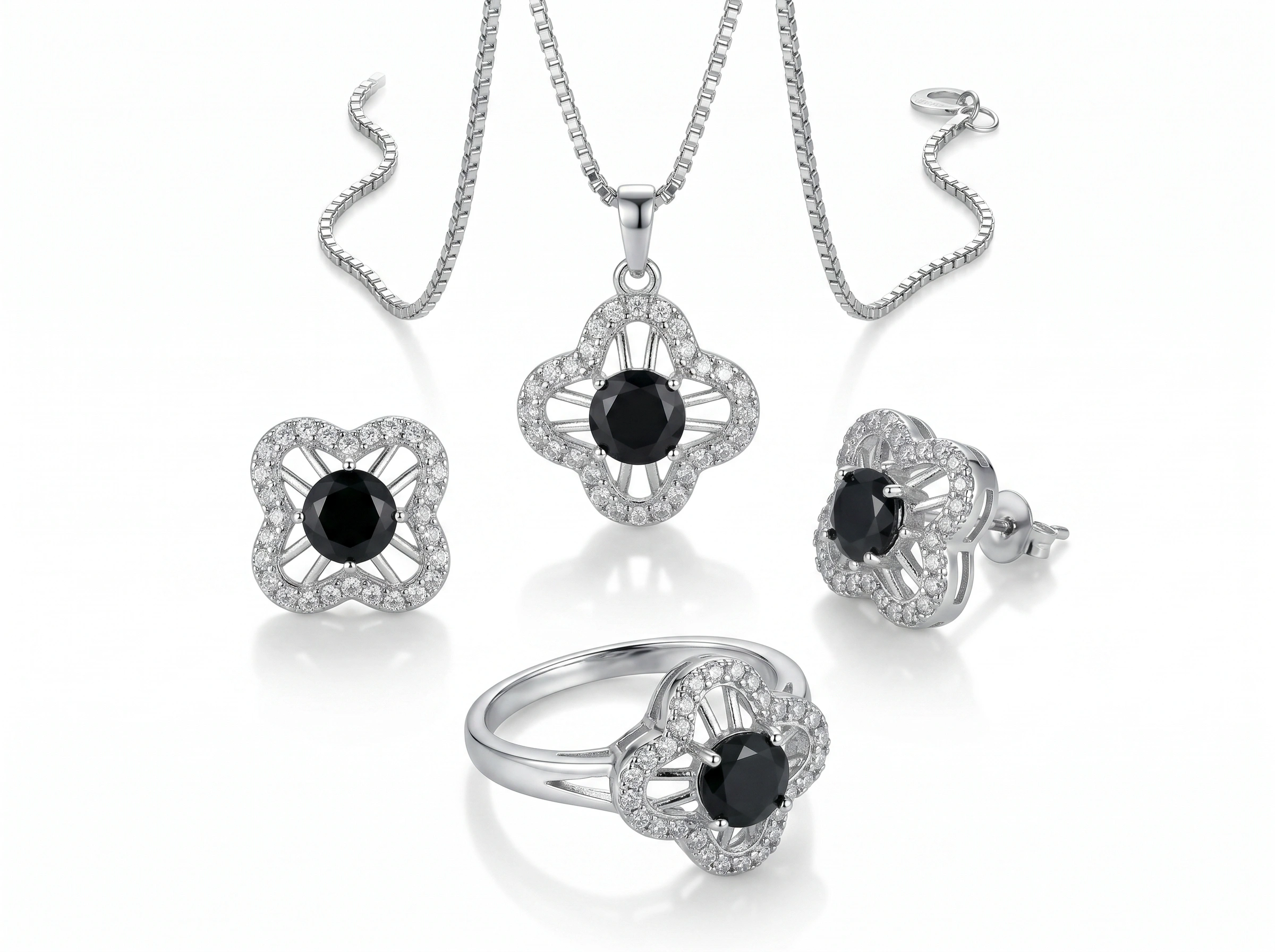Luxury Silver Plated Clover Jewelry Set with Black Stone (3)