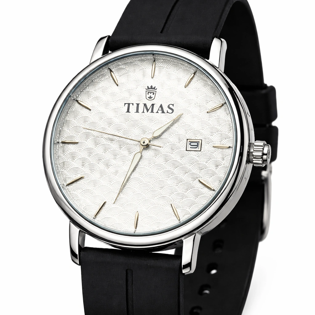 TIMAS Classic Minimal Quartz Watch – Silver Dial Black Rubber Strap (2)