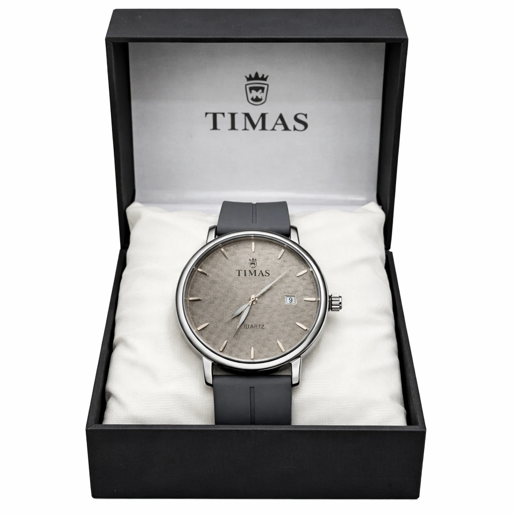 TIMAS Classic Silver Quartz Watch – Grey Dial & Strap Minimal Design (4)
