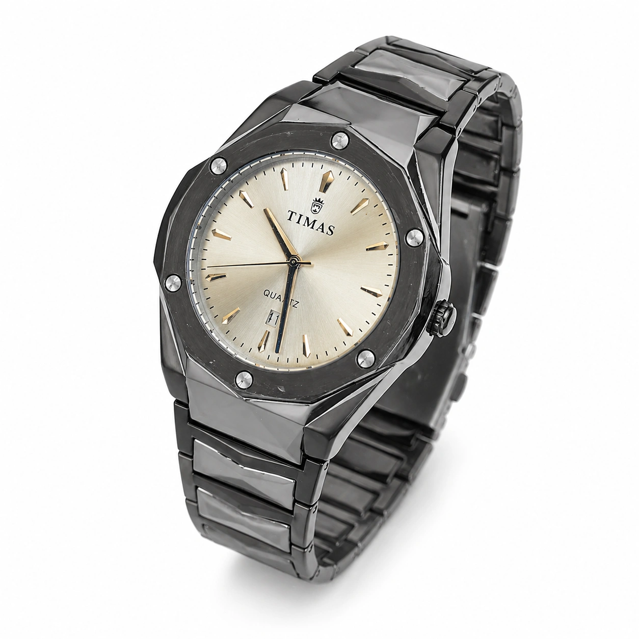 TIMAS Octagon Gunmetal Steel Watch – Champagne Dial Luxury Edition