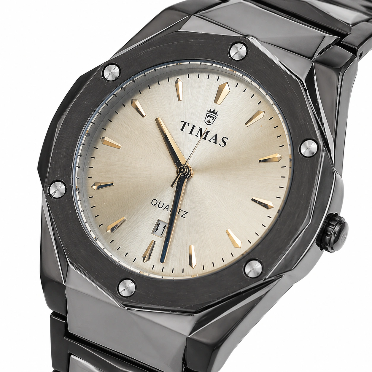 TIMAS Octagon Gunmetal Steel Watch – Champagne Dial Luxury Edition