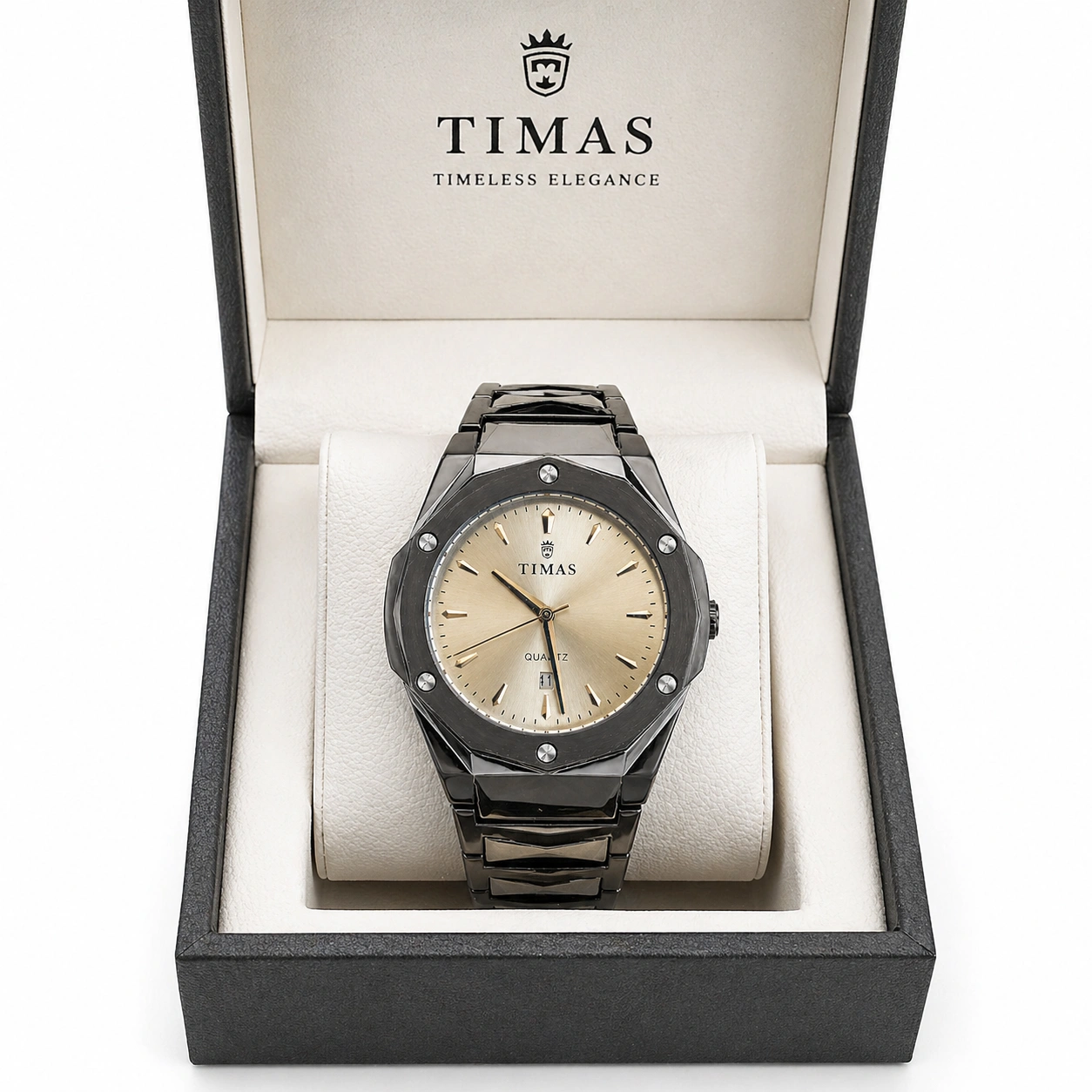 TIMAS Octagon Gunmetal Steel Watch – Champagne Dial Luxury Edition