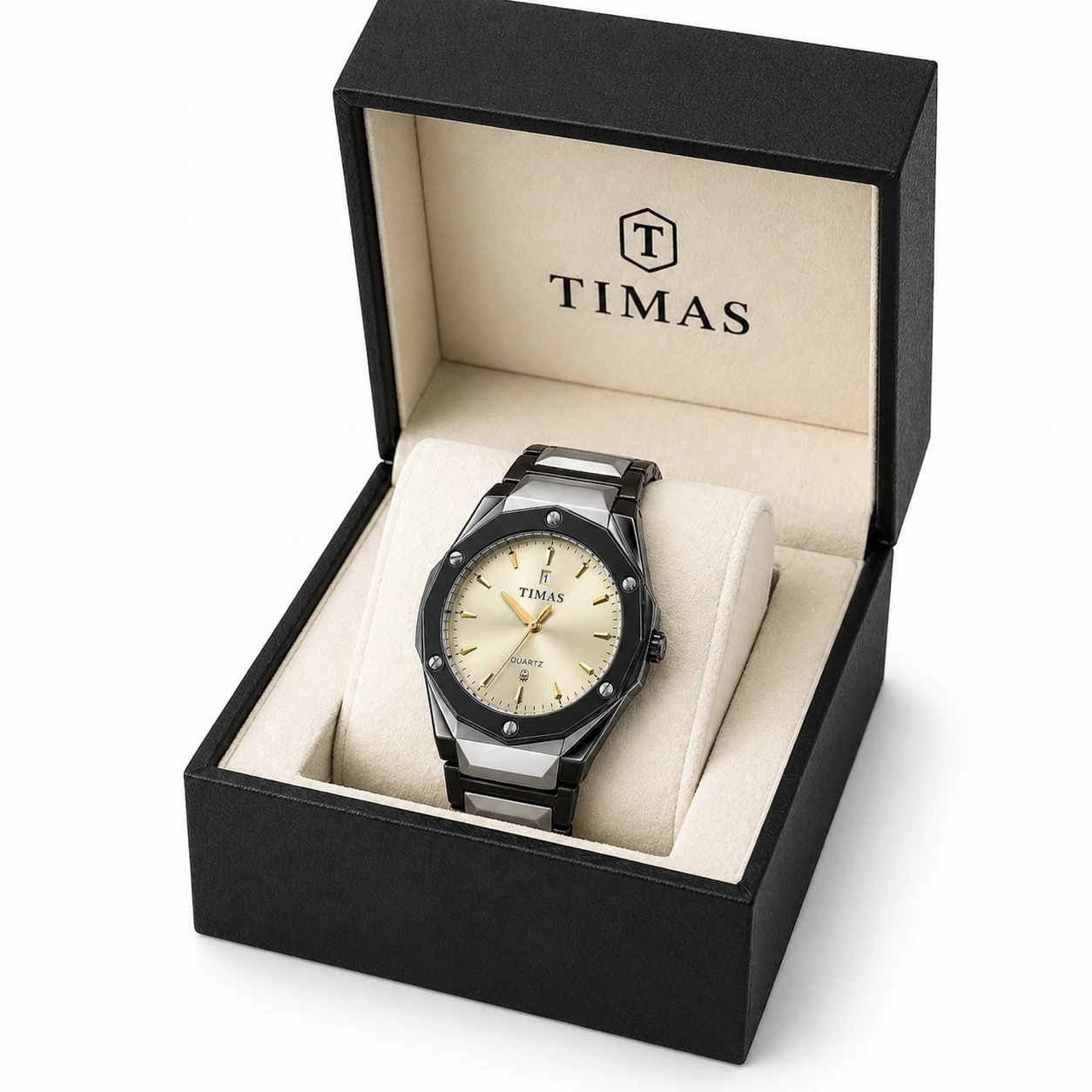 TIMAS Octagon Gunmetal Steel Watch – Champagne Dial Luxury Edition (5)