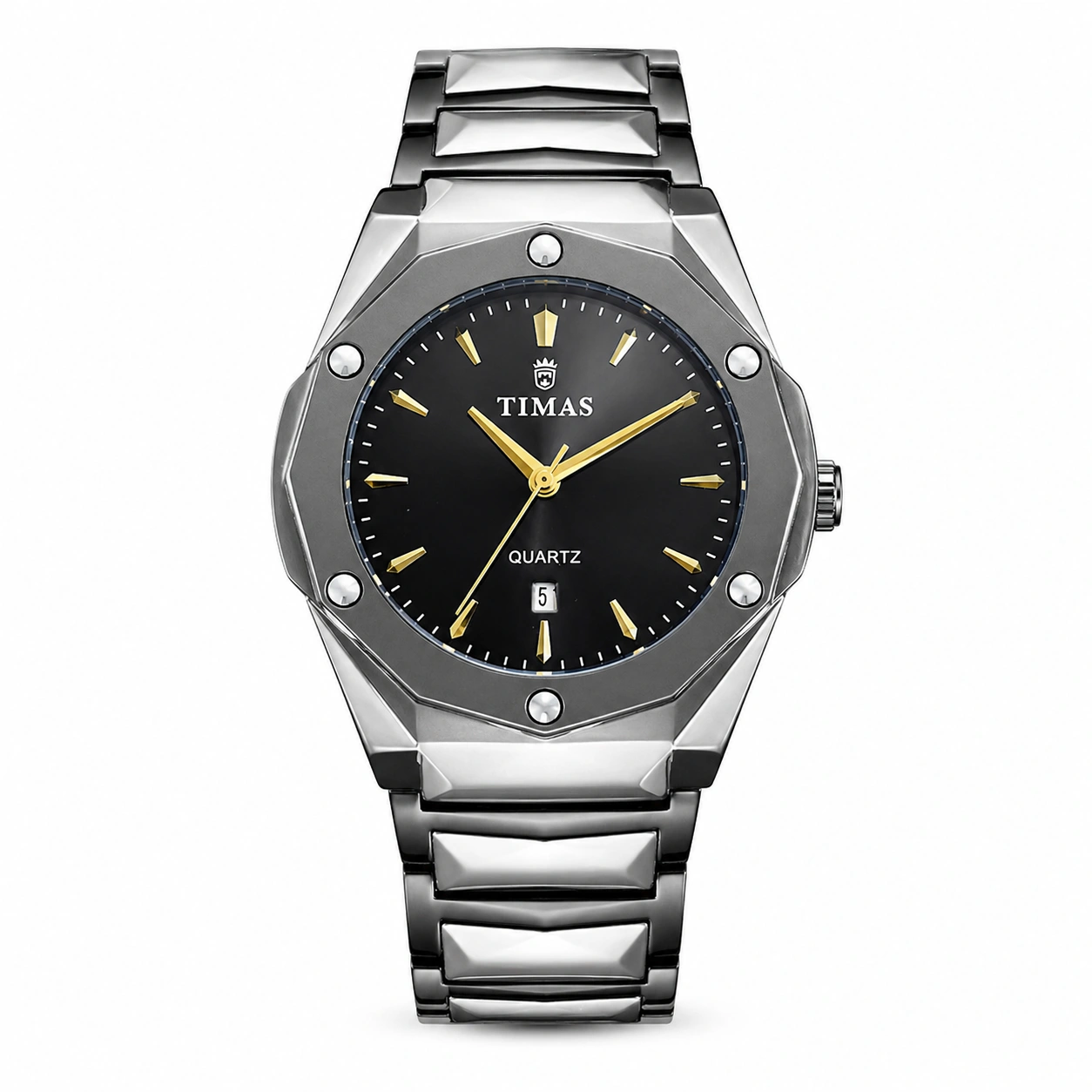 TIMAS Octagon Steel Quartz Watch – Black Dial with Gold Markers (1)