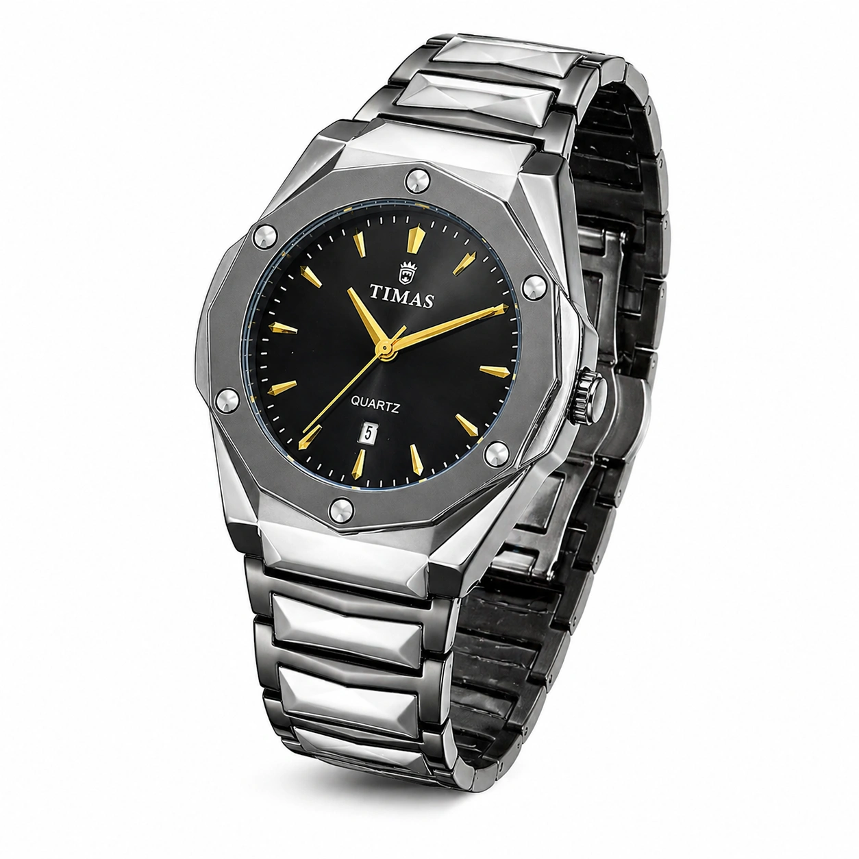 TIMAS Octagon Steel Quartz Watch – Black Dial with Gold Markers