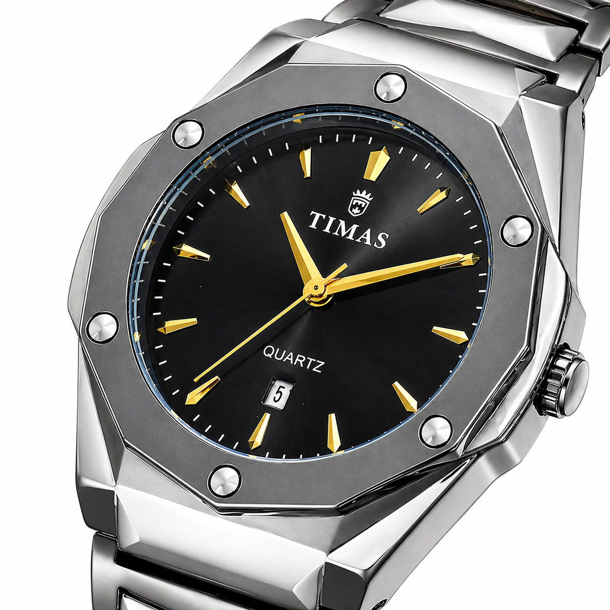 TIMAS Octagon Steel Quartz Watch – Black Dial with Gold Markers