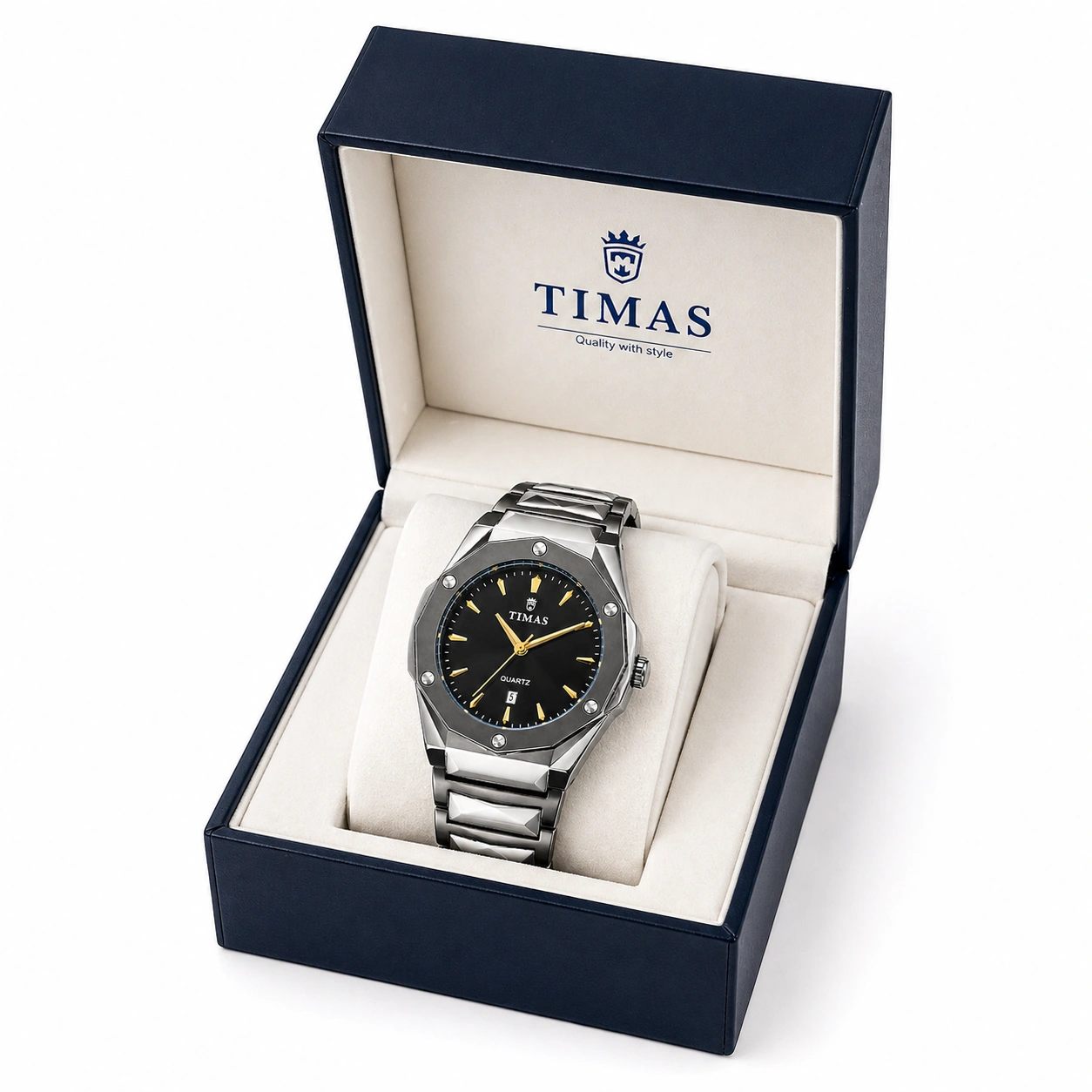 TIMAS Octagon Steel Quartz Watch – Black Dial with Gold Markers