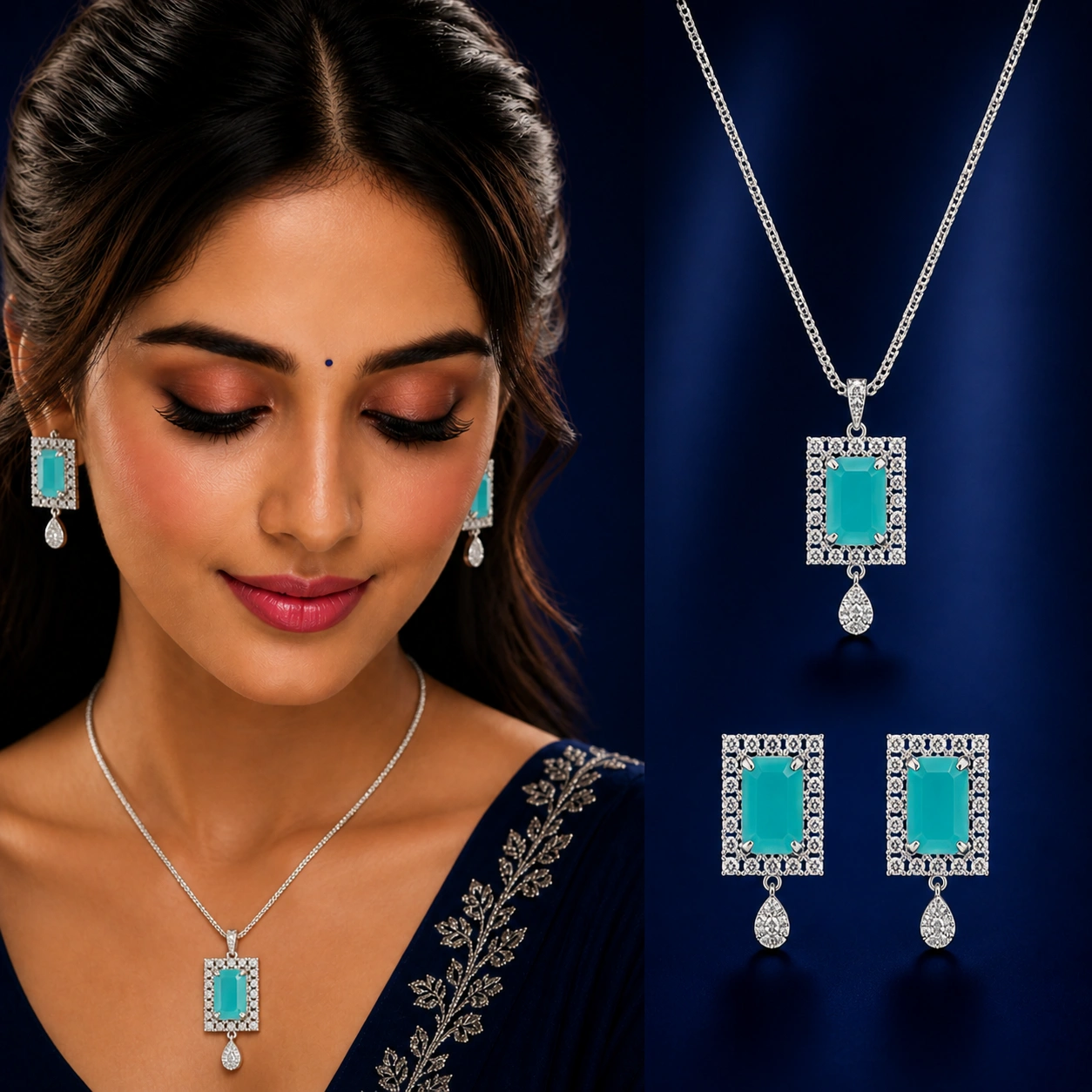 Elegant Turquoise Crystal Jewelry Set with Pendant Necklace (2)
