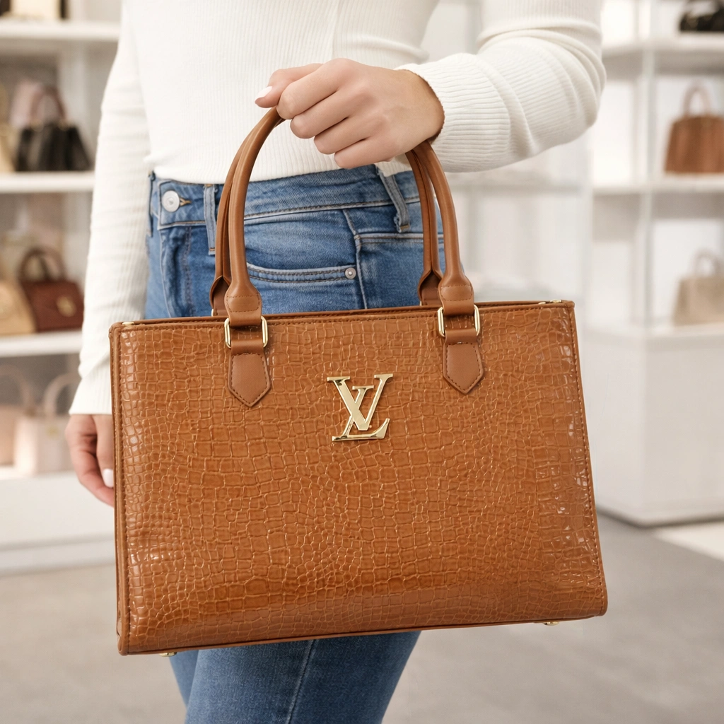 Luxury Croc Texture Women’s Tote Bag – Caramel Brown Edition