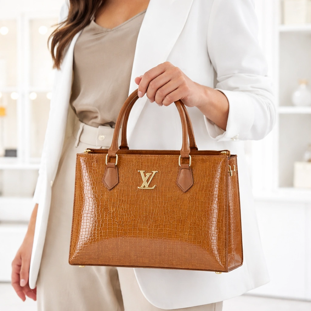 Luxury Croc Texture Women’s Tote Bag – Caramel Brown Edition