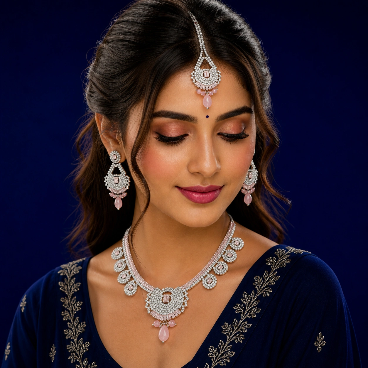 Luxury Pink Crystal Bridal Jewelry Set with Necklace, Earr (