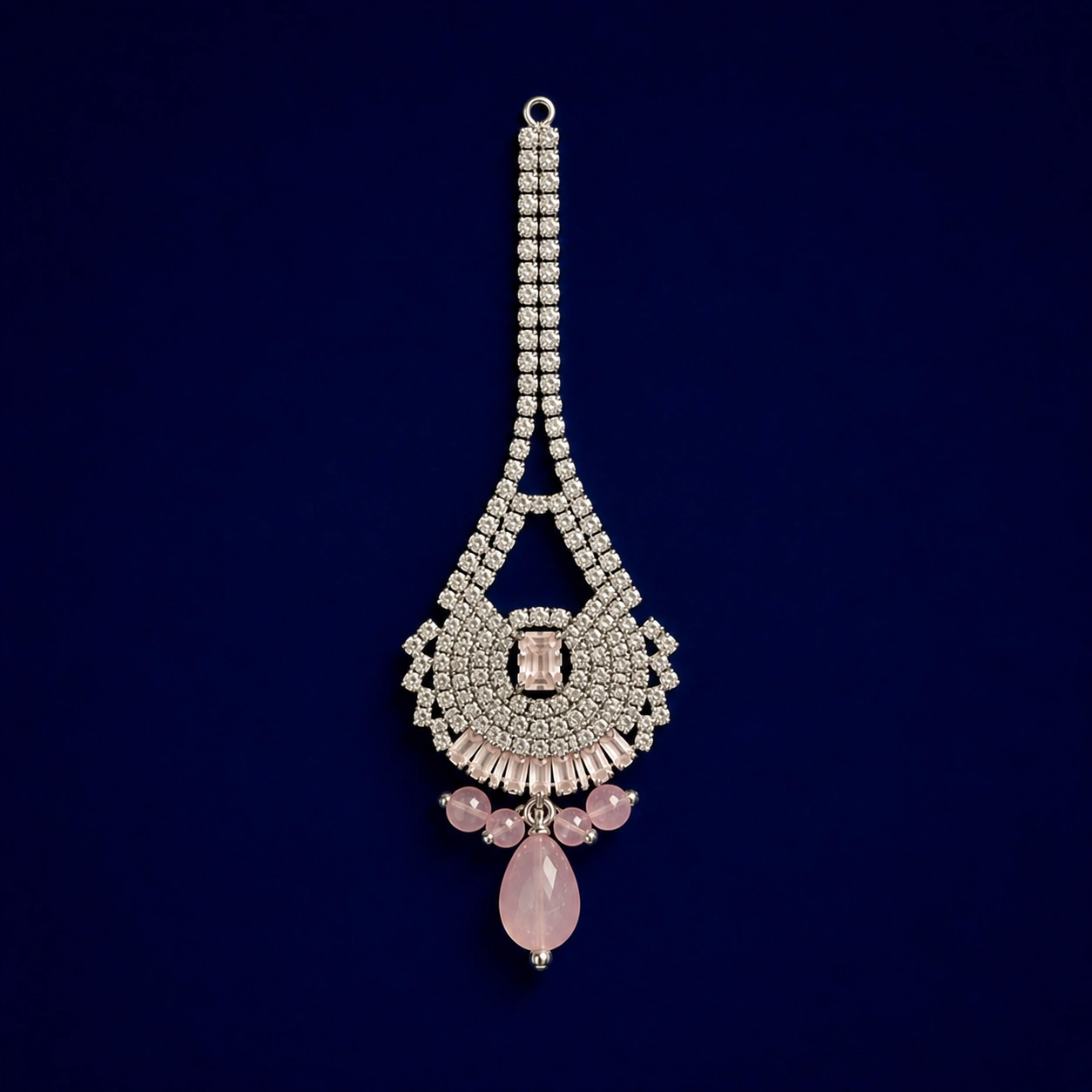 Luxury Pink Crystal Bridal Jewelry Set with Necklace, Earrings & Maang Tikka
