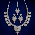 Luxury Pink Crystal Bridal Jewelry Set with Necklace, Earrings & Maang Tikka