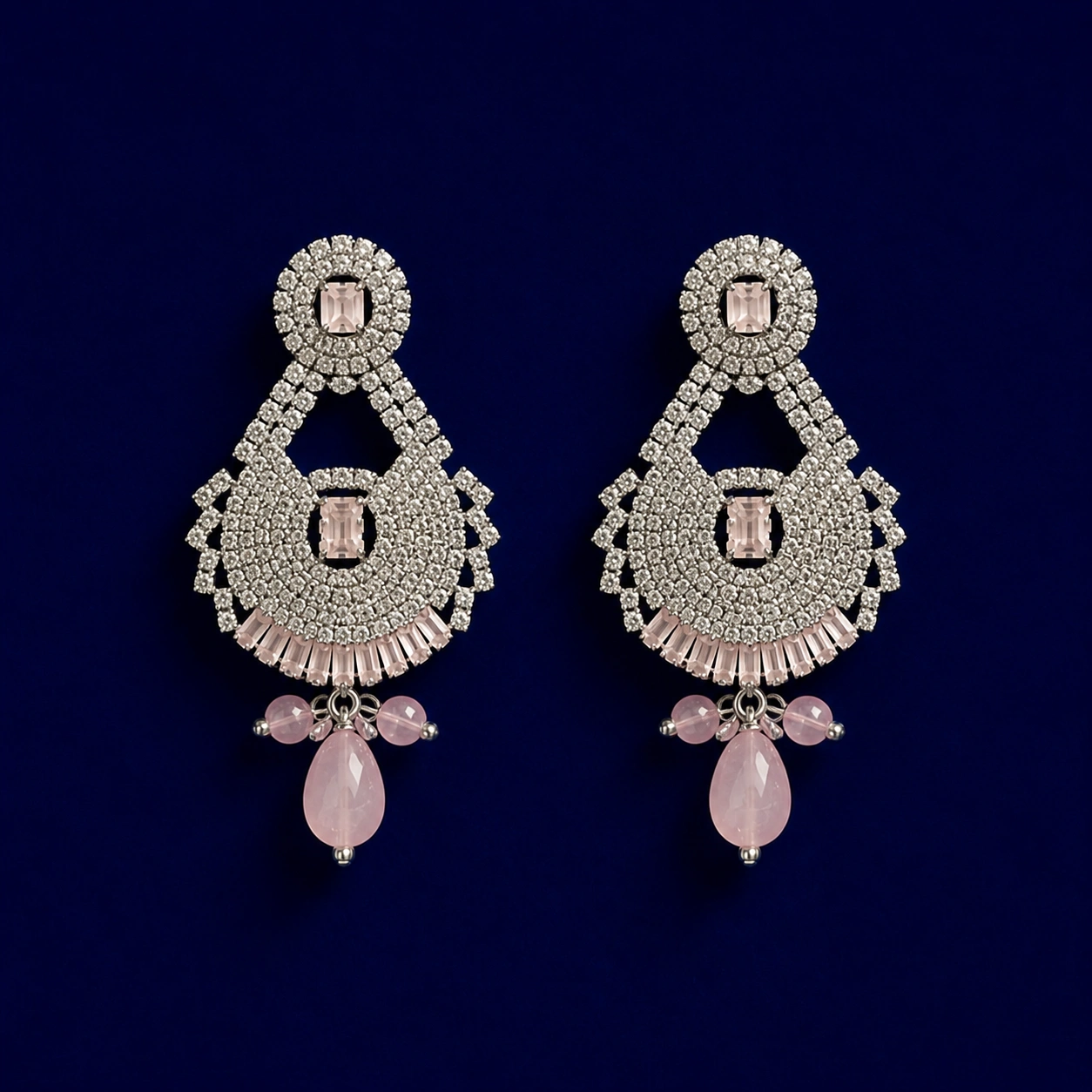 Luxury Pink Crystal Bridal Jewelry Set with Necklace, Earrings & Maang Tikka