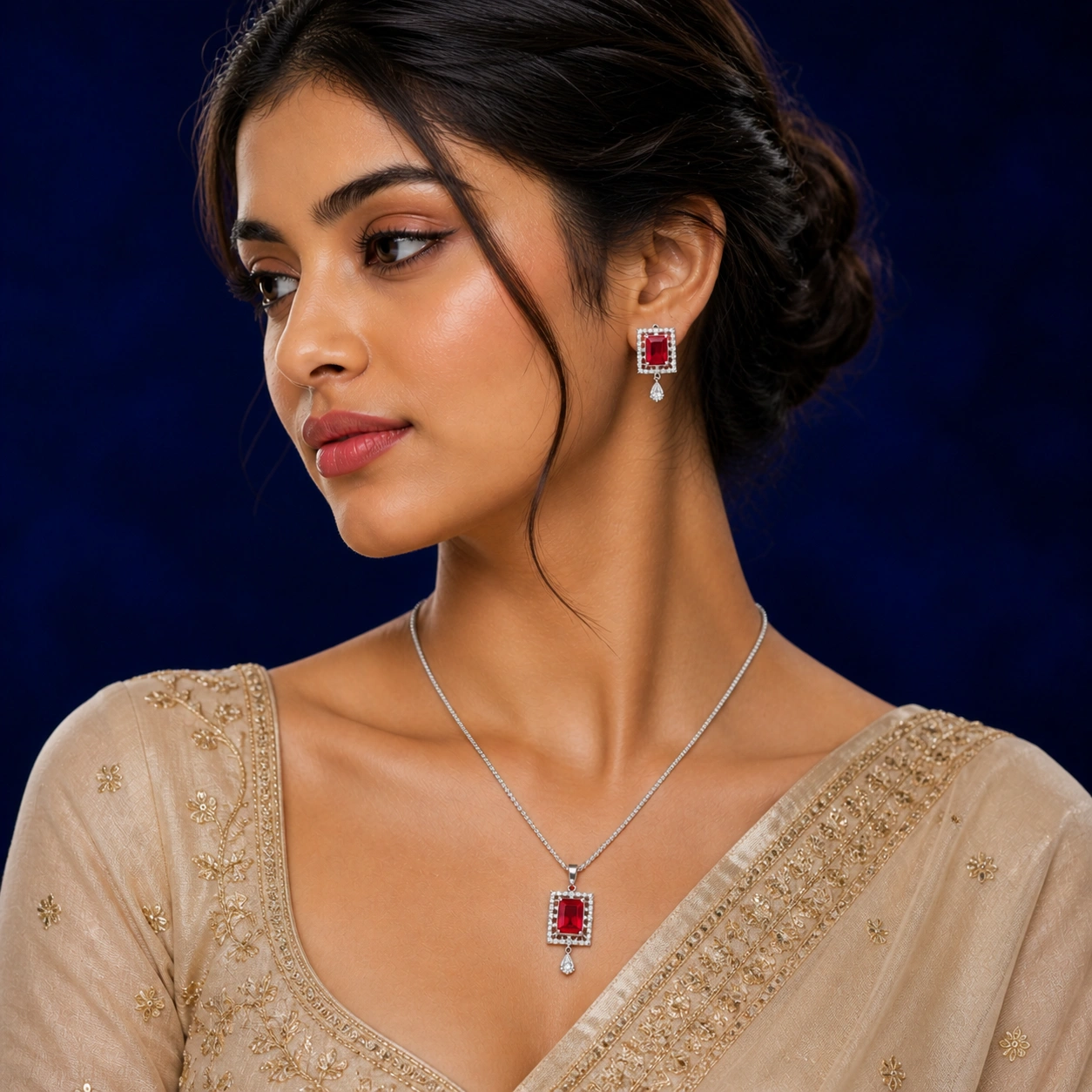 Luxury Ruby Red Crystal Jewelry Set with Pendant & Drop Earrings (2)