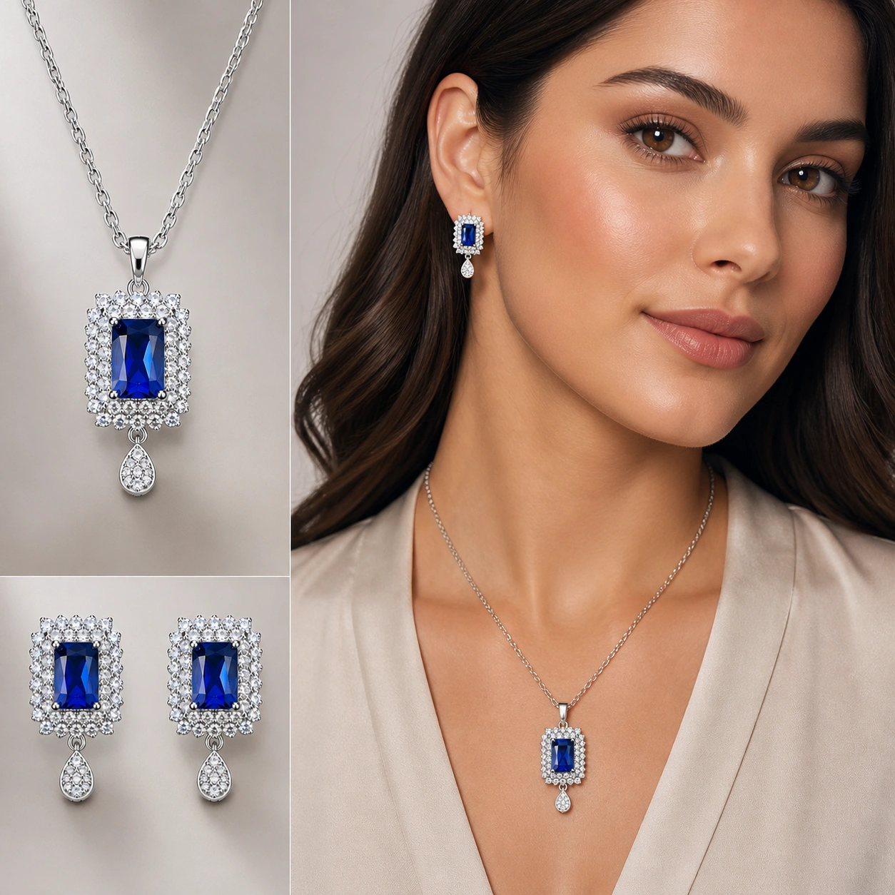 Luxury Sapphire Blue Jewelry Set with Crystal Drop Design (1)