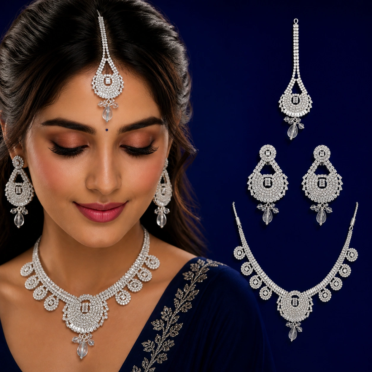 Luxury Silver Crystal Bridal Jewelry Set with Necklace, (