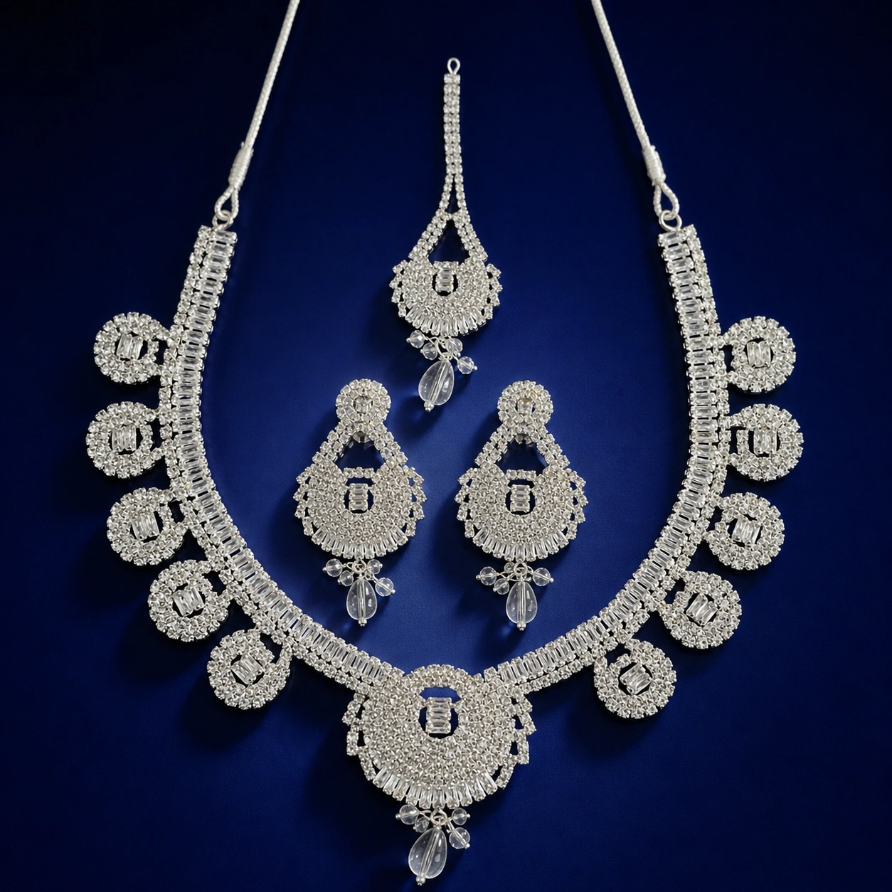 Luxury Silver Crystal Bridal Jewelry Set with Necklace, Earrings & Maang Tikka