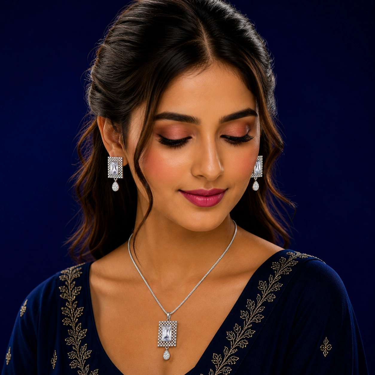 Luxury White Crystal Jewelry Set with Pendant Necklace & Elegant Drop Earrings (2)